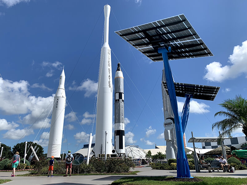 Rockets standing at Kennedy Space Center exhibit.