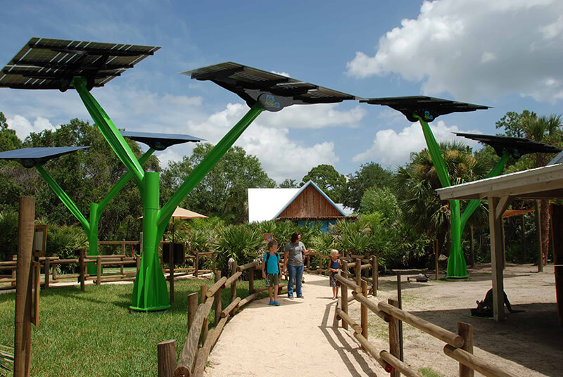 Large tree shaped structures with solar panel canopies at the top.