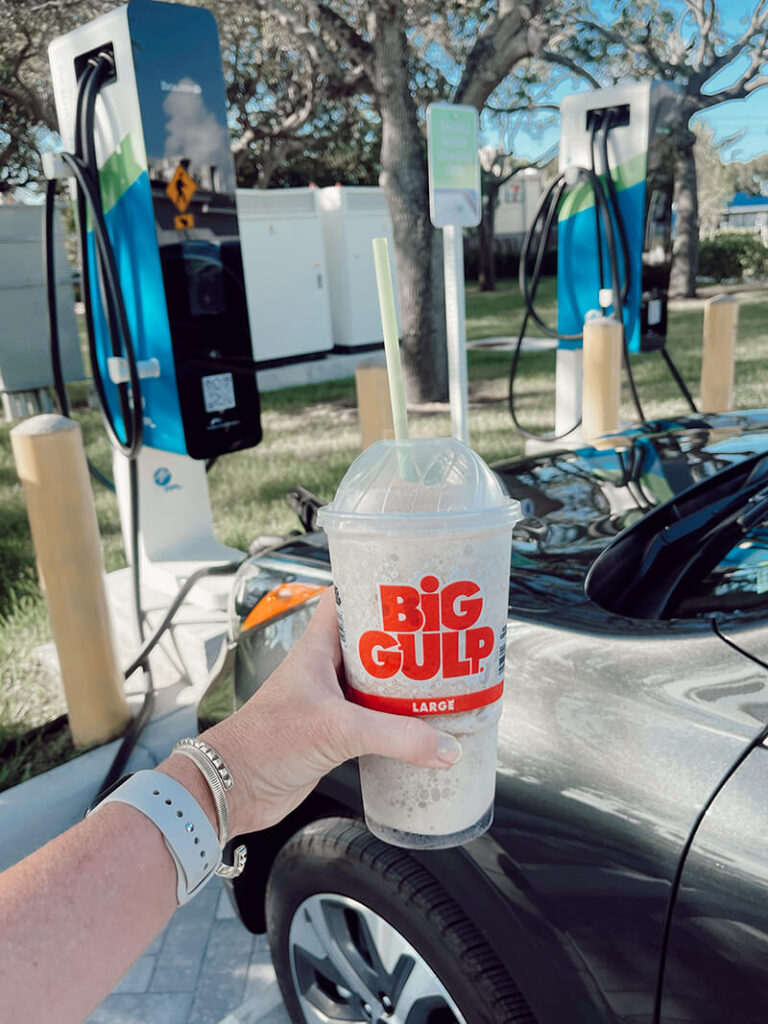 7 Eleven Big Gulp in front of an electric vehicle charging station