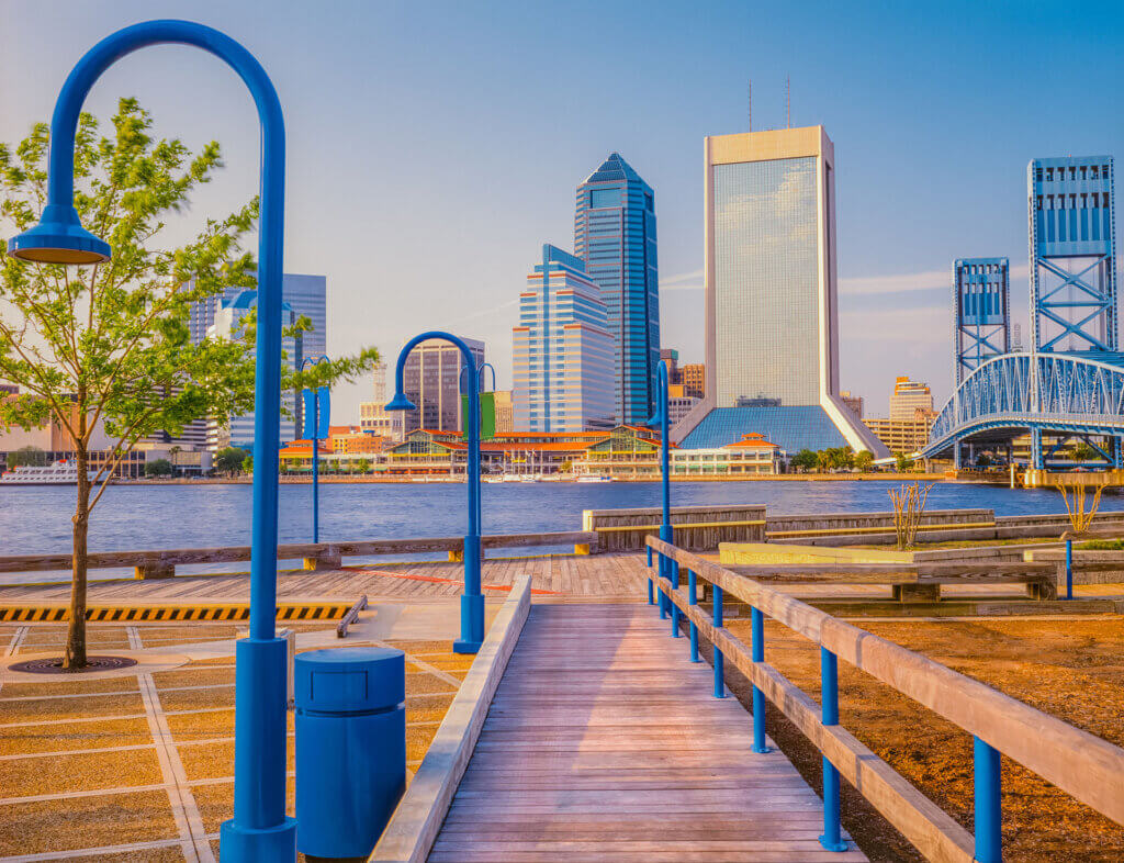 Boardwalk leads to Jacksonville, Florida and wharf